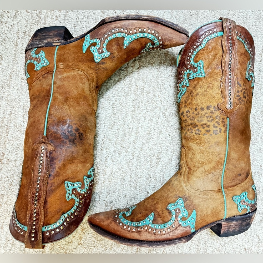 Old Gringo Western Tan and Turquoise Leather Cowboy Boots Size 9B - Picture 1 of 15
